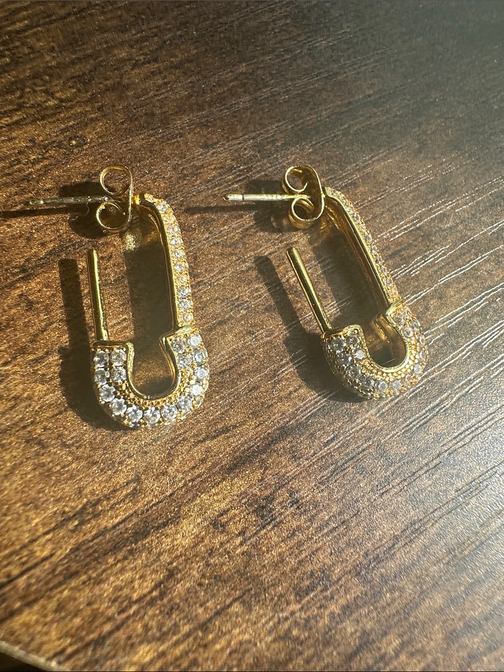 Gold Pave “Safety Pin” Earrings